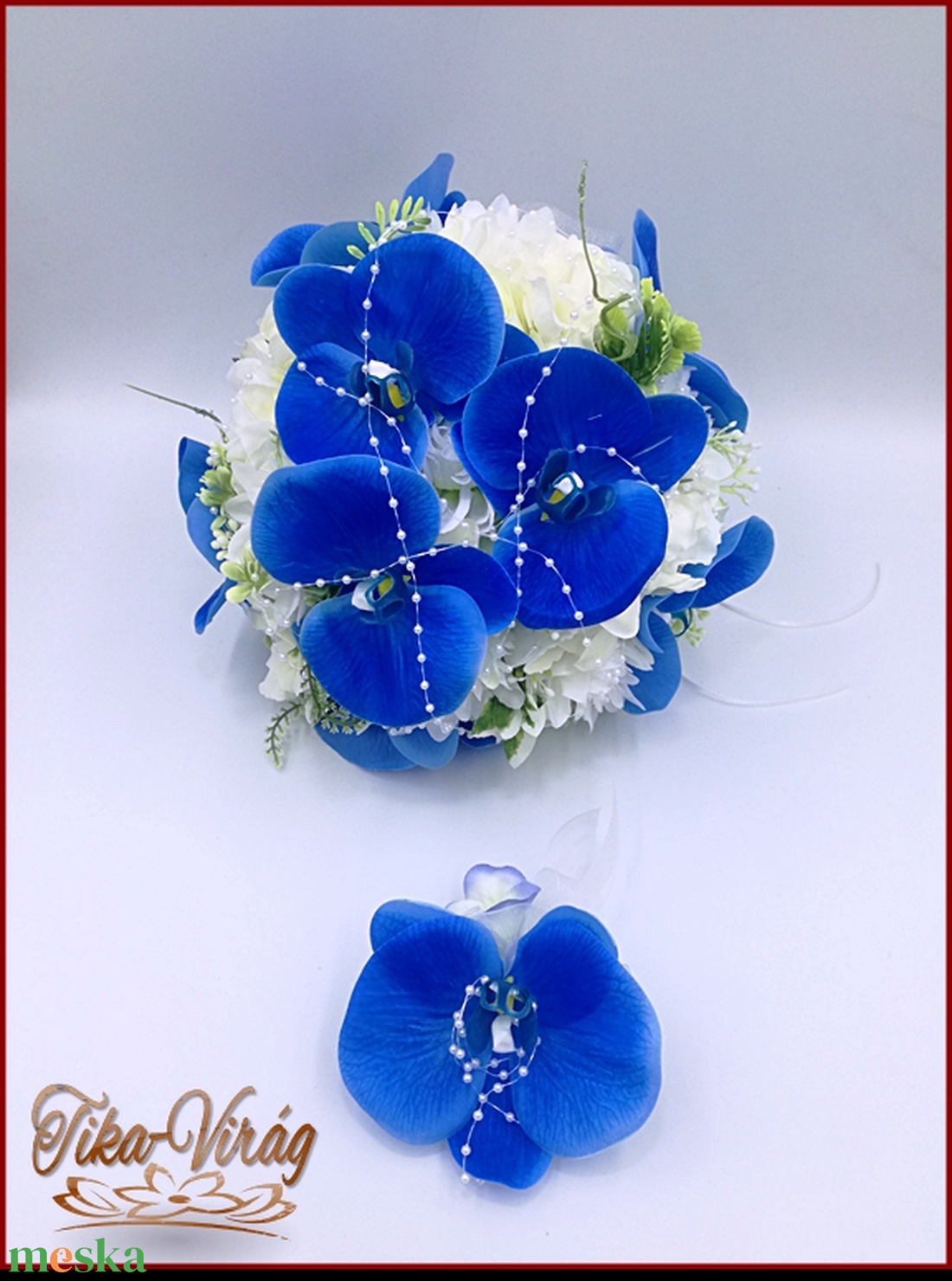 Kék orchideás-fehér rózsával, dália, iszalaggal díszített örök-csokor+kitűzővel - esküvő - menyasszonyi- és dobócsokor - Meska.hu