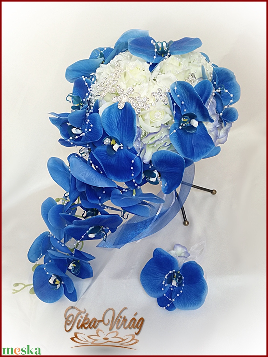 Kék orchideás örök-csepp-csokor+kitűzővel - esküvő - menyasszonyi- és dobócsokor - Meska.hu