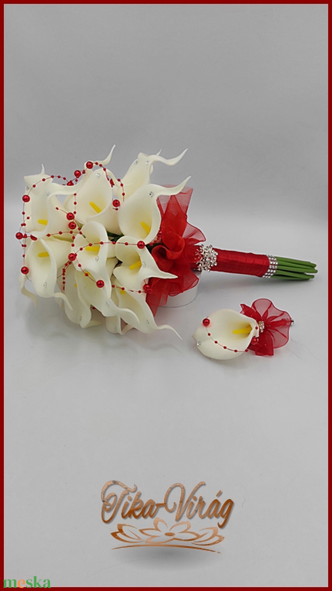 24 virágos Fehér Kála örök-csokor Piros díszítéssel + kitűzővel - esküvő - menyasszonyi- és dobócsokor - Meska.hu
