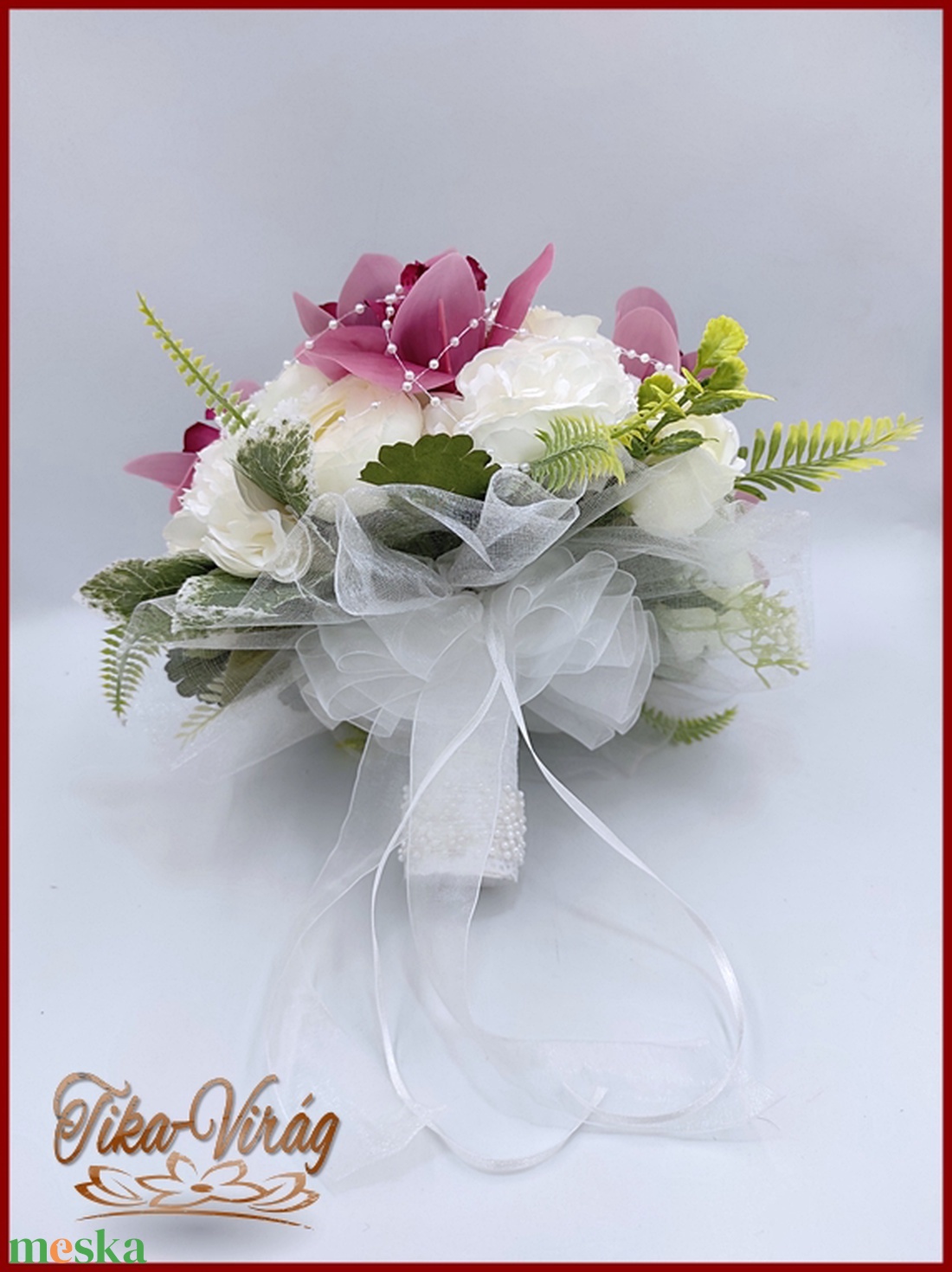Vintage stílusú Mályva orchideás-fehér boglárkás, rózsás örök-csokor + kitűzővel - esküvő - menyasszonyi- és dobócsokor - Meska.hu
