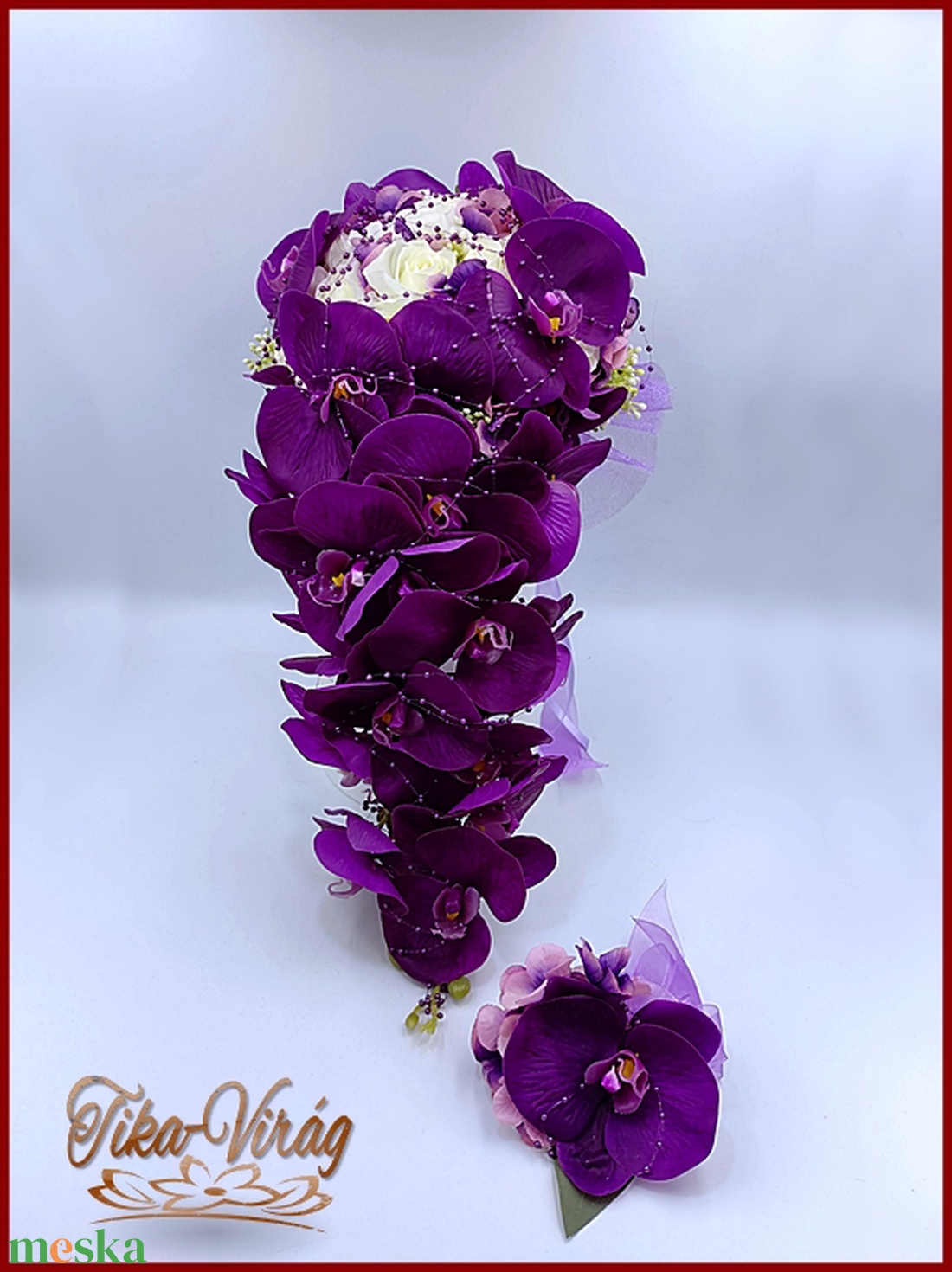 Lila orchideás-fehér rózsás örök-cseppcsokor + kitűzővel - esküvő - menyasszonyi- és dobócsokor - Meska.hu Lila orchideás-fehér rózsás örök-cseppcsokor + kitűzővel - esküvő - menyasszonyi- és dobócsokor - Meska.hu