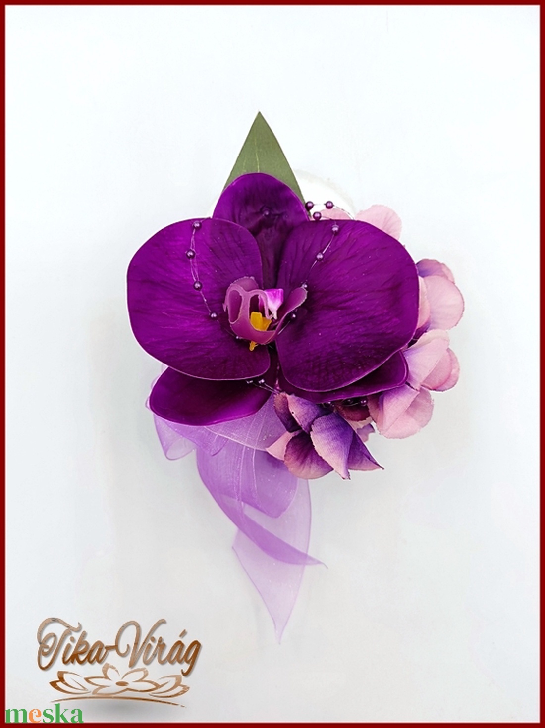 Lila orchideás-fehér rózsás örök-cseppcsokor + kitűzővel  - esküvő - menyasszonyi- és dobócsokor - Meska.hu