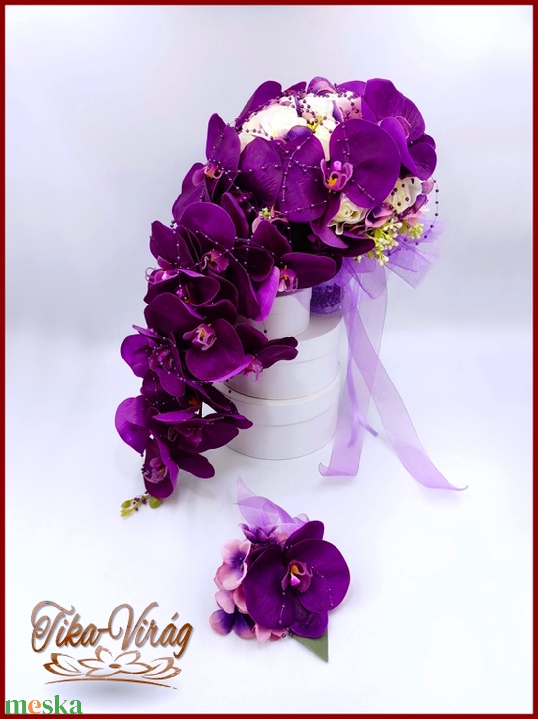 Lila orchideás-fehér rózsás örök-cseppcsokor + kitűzővel - esküvő - menyasszonyi- és dobócsokor - Meska.hu Lila orchideás-fehér rózsás örök-cseppcsokor + kitűzővel - esküvő - menyasszonyi- és dobócsokor - Meska.hu