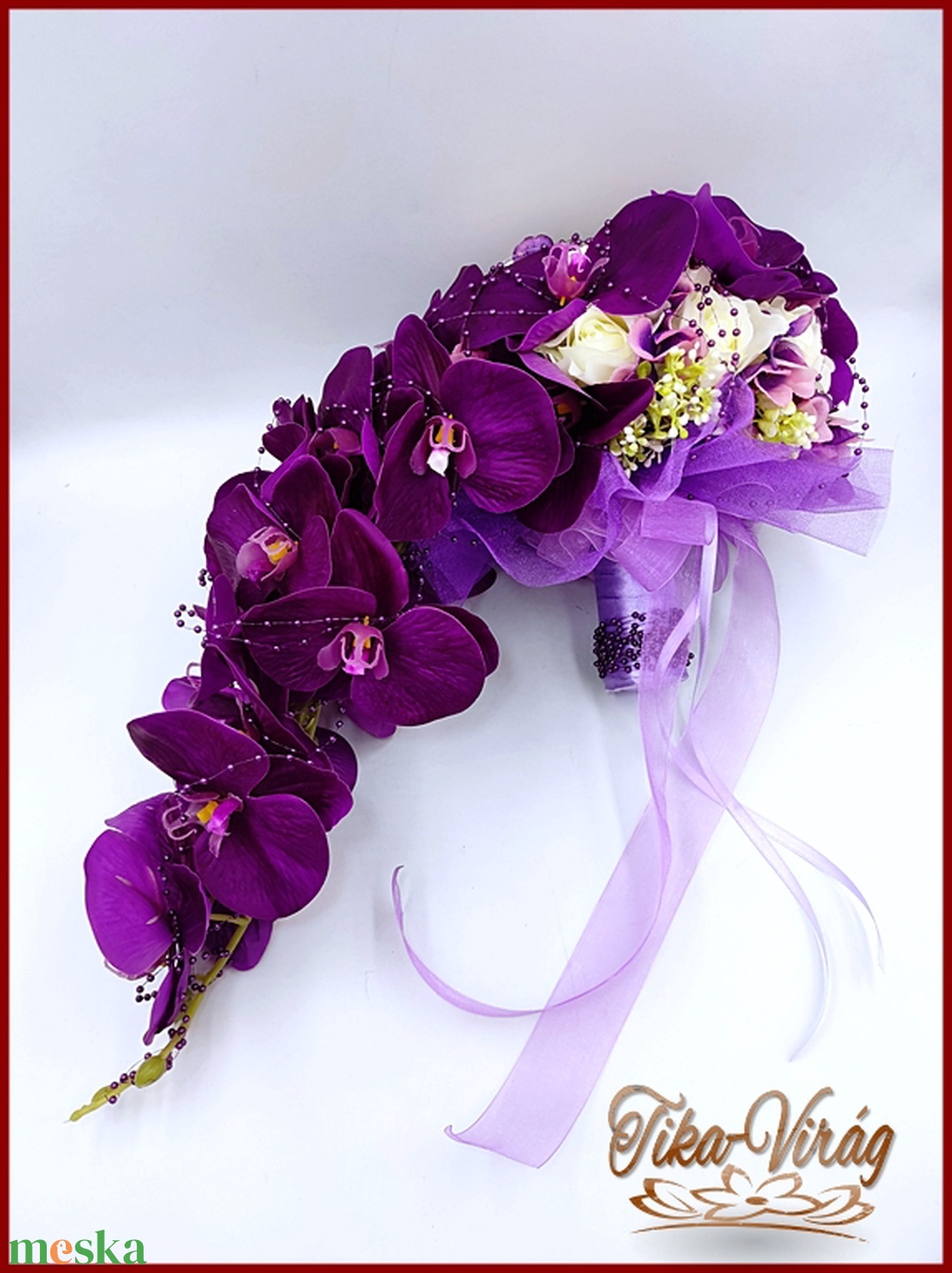 Lila orchideás-fehér rózsás örök-cseppcsokor + kitűzővel  - esküvő - menyasszonyi- és dobócsokor - Meska.hu