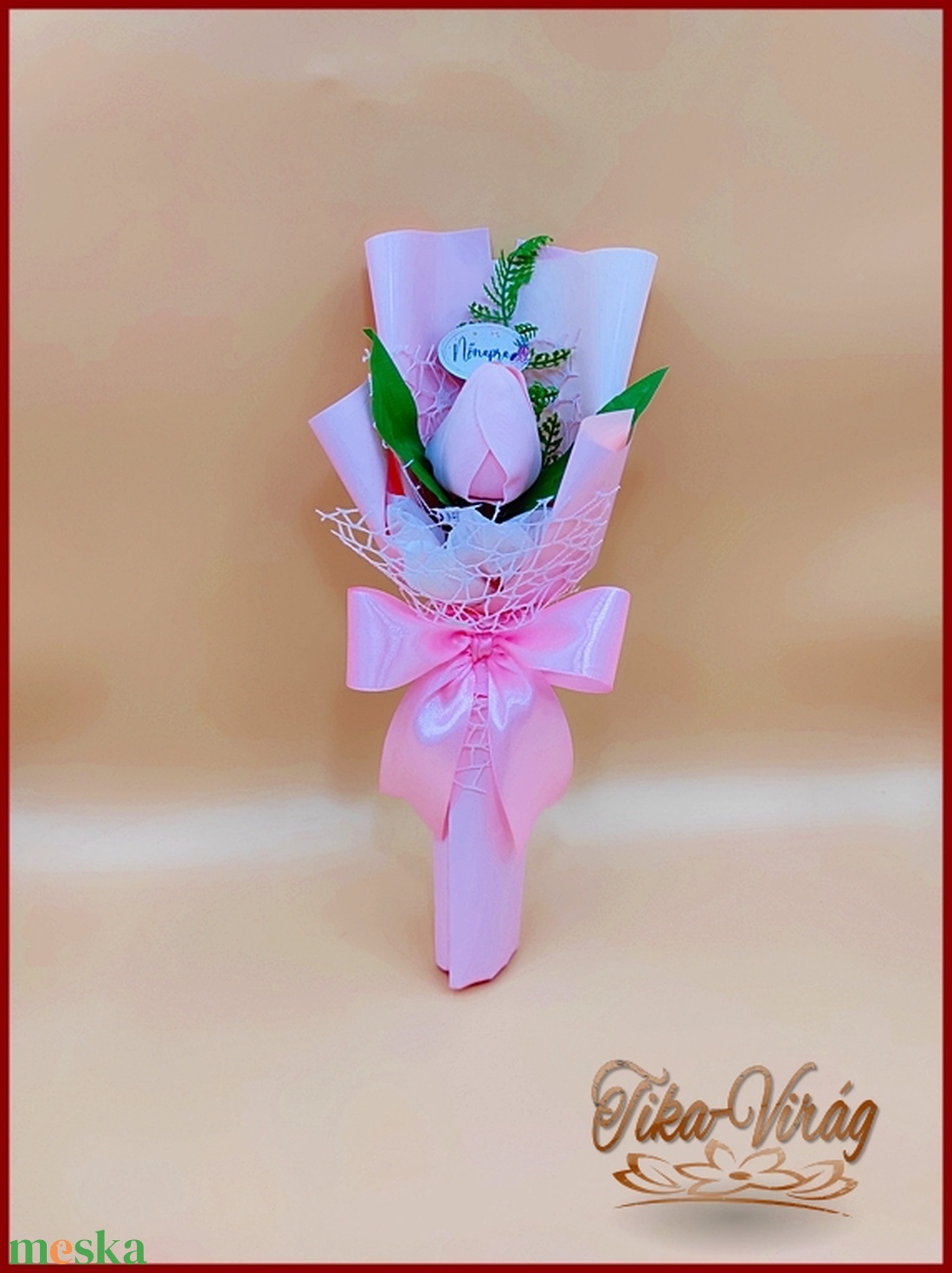 Szappanvirág Rózsaszín tulipán Nőnapi táblácskával díszcsomagolásban - otthon & lakás - dekoráció - virágdísz és tartó - csokor & virágdísz - Meska.hu