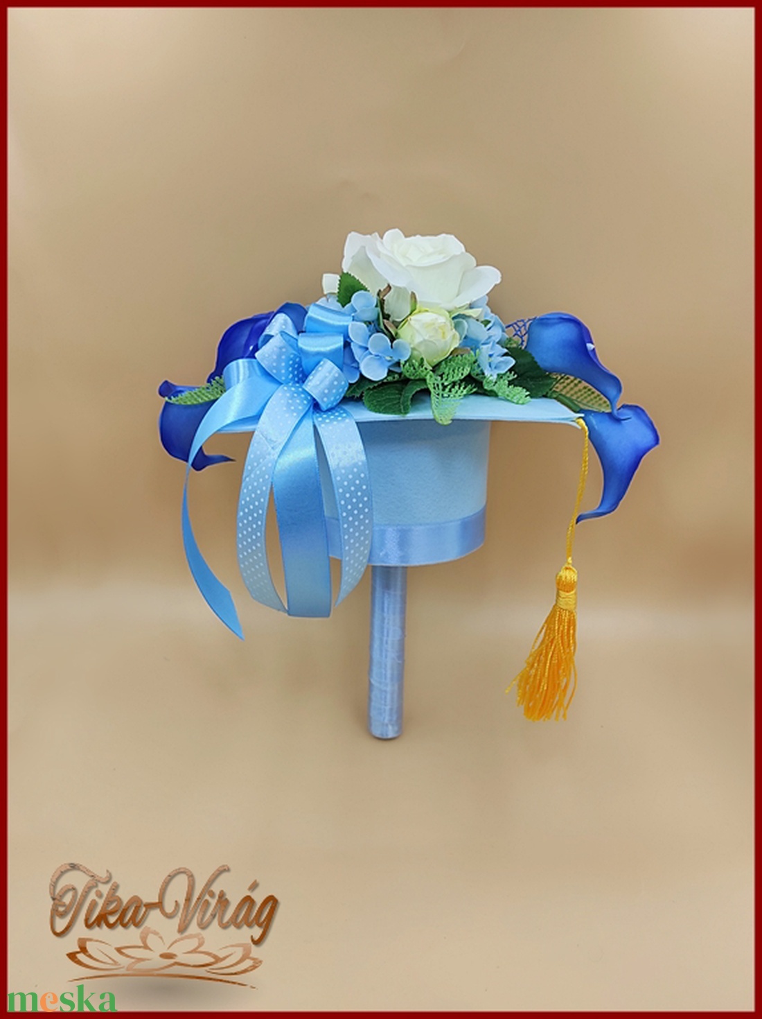 Különleges, egyedi Ballagó-kalap formájú örök-csokor világoskék színű - otthon & lakás - dekoráció - virágdísz és tartó - csokor & virágdísz - Meska.hu