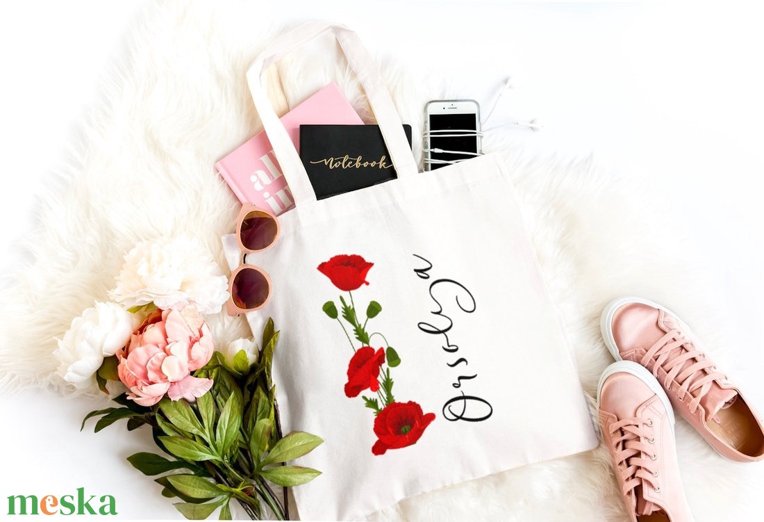 Névre szóló egyedi szatyor Pipaccsal ,  névvel és monogrammal - táska & tok - bevásárlás & shopper táska - shopper, textiltáska, szatyor - Meska.hu