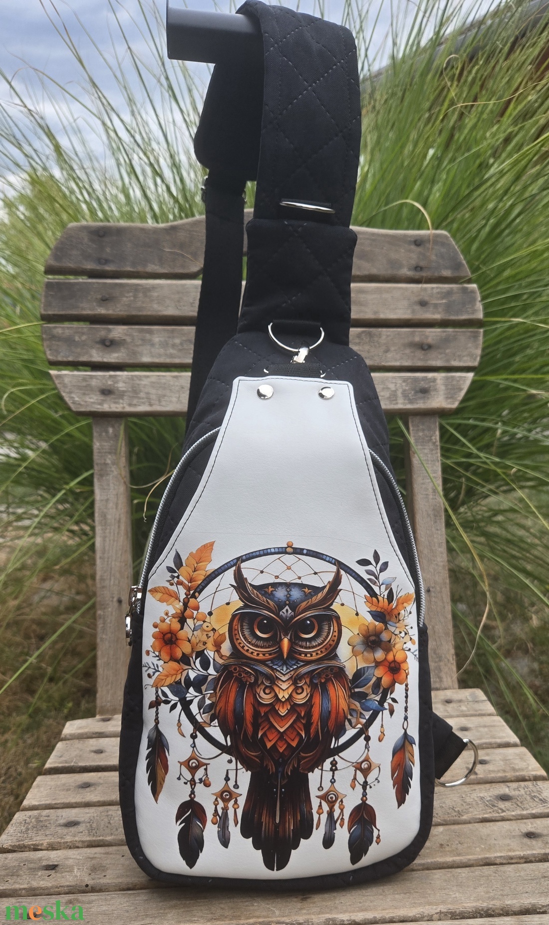 Baglyos keresztpántos táska/sling backpack - táska & tok - kézitáska & válltáska - vállon átvethető táska - Meska.hu