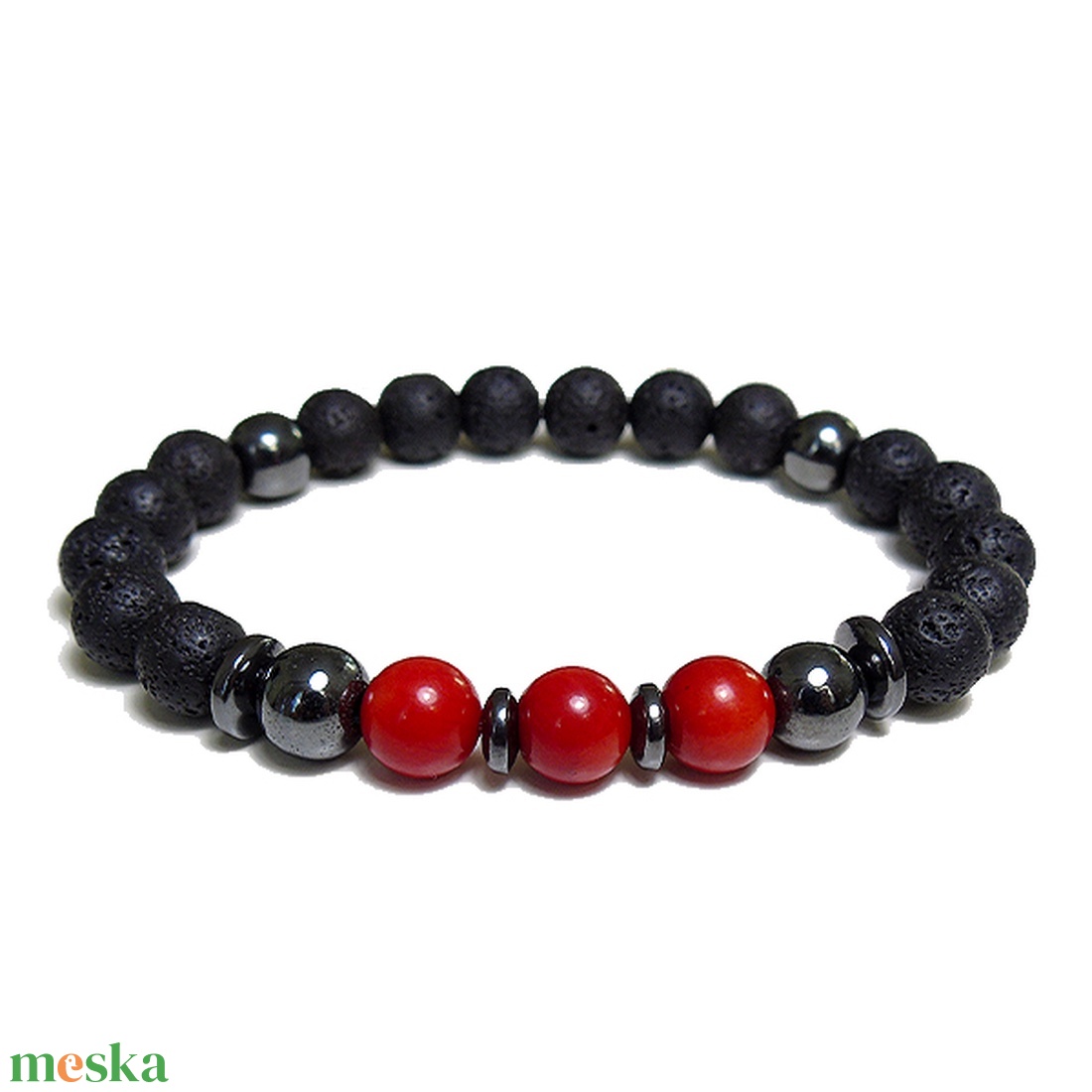 Férfi ásvány karkötő - lávakő, korall és hematit gyöngyökből - ékszer - karkötő - gyöngyös karkötő - Meska.hu