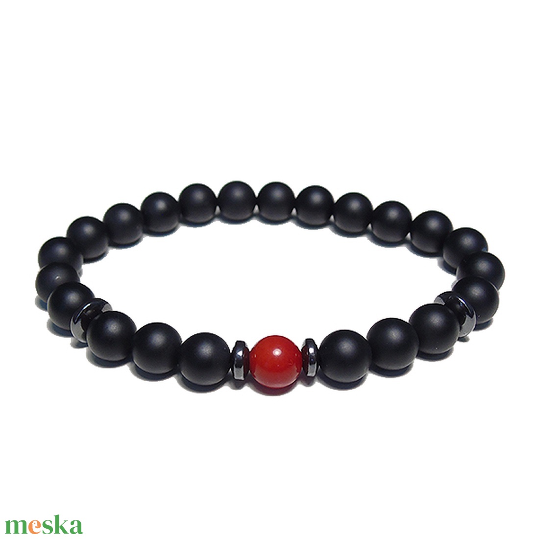 Férfi ásványkarkötő - matt fekete ónix és korall férfi karkötő - ékszer - karkötő - gyöngyös karkötő - Meska.hu