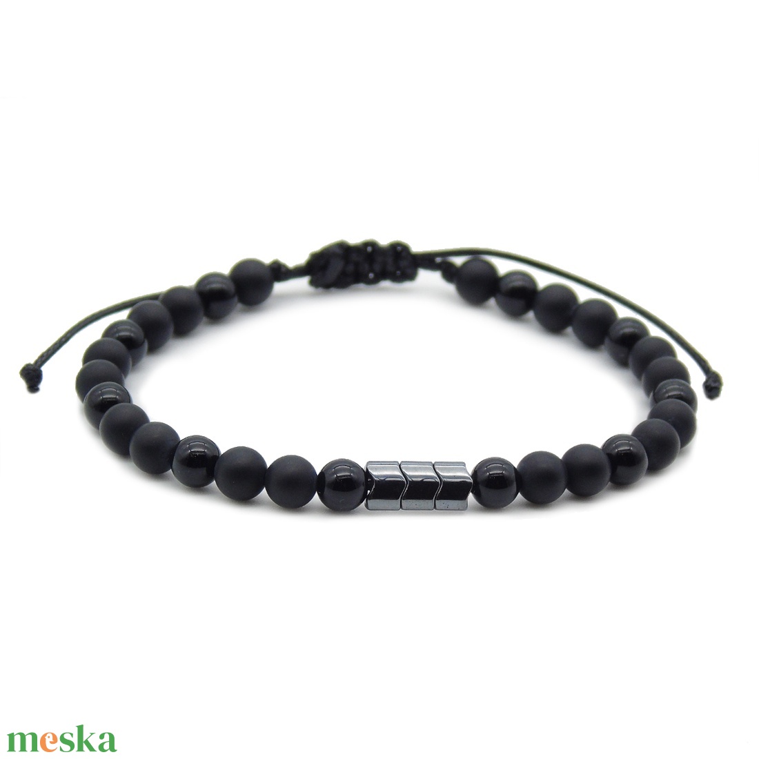 Állítható matt hematit és matt ónix férfi gyöngy karkötő díszdobozban - ékszer - karkötő - gyöngyös karkötő - Meska.hu