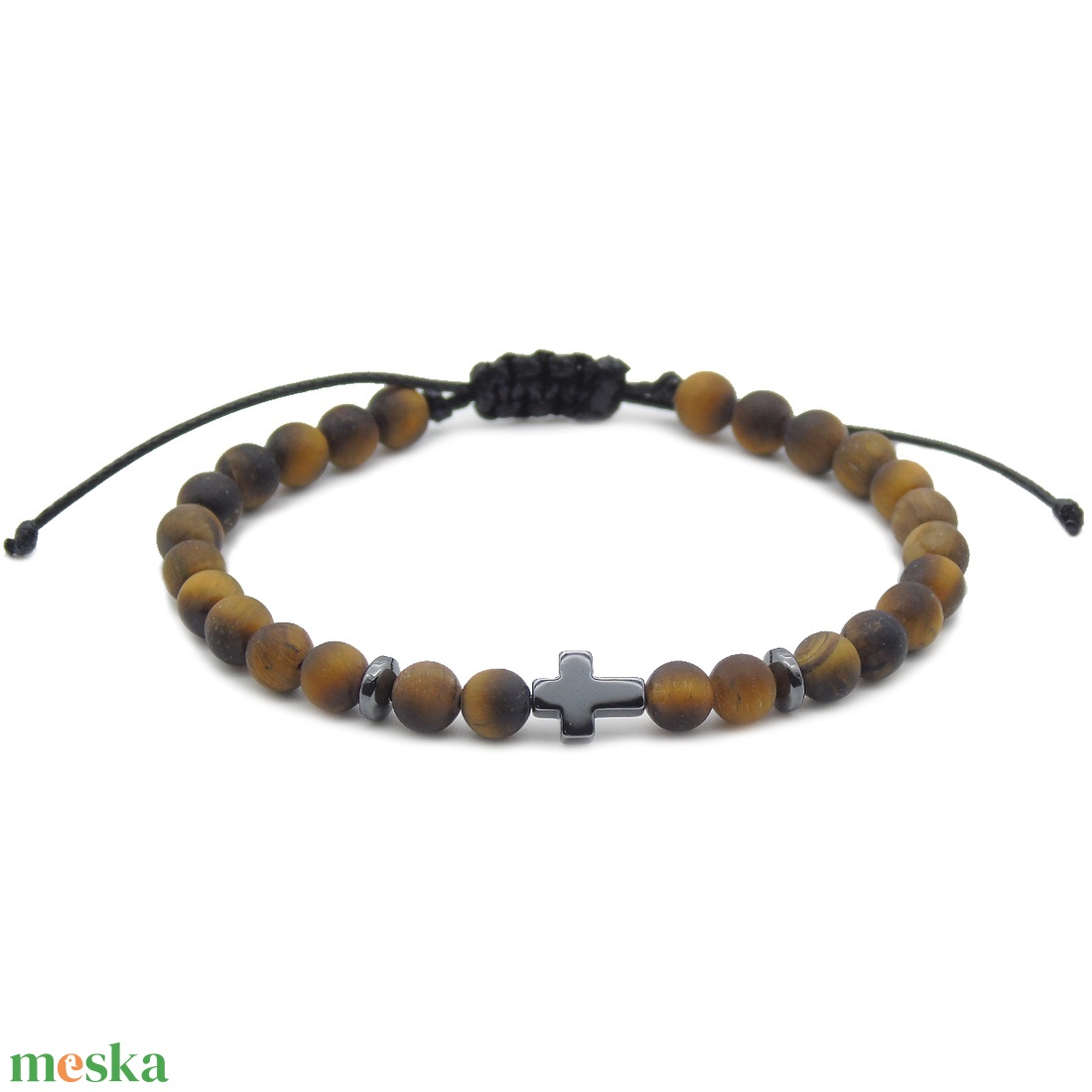 Keresztes matt tigrisszem és matt ónix férfi karkötő díszdobozban - ékszer - karkötő - gyöngyös karkötő - Meska.hu