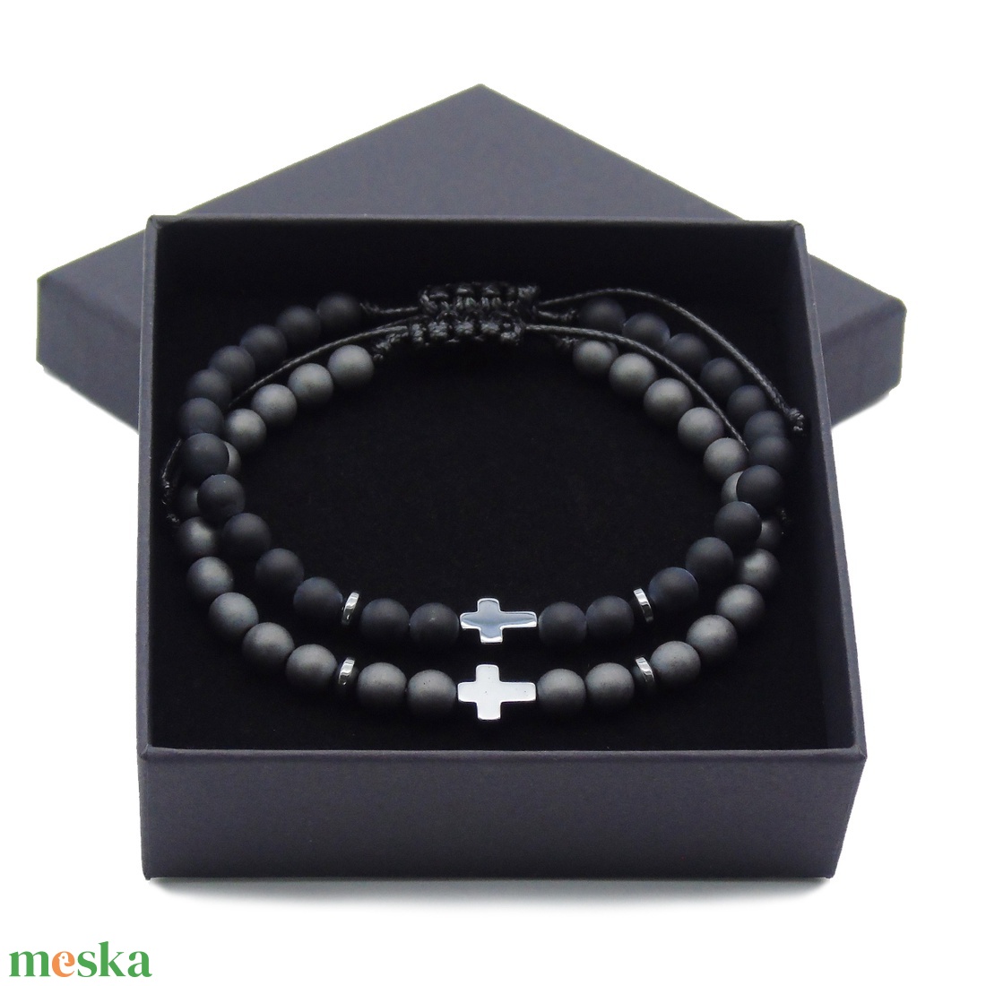 Díszdobozos férfi karkötő szett - hematit és matt ónix férfi karkötő pár - ékszer - karkötő - gyöngyös karkötő - Meska.hu