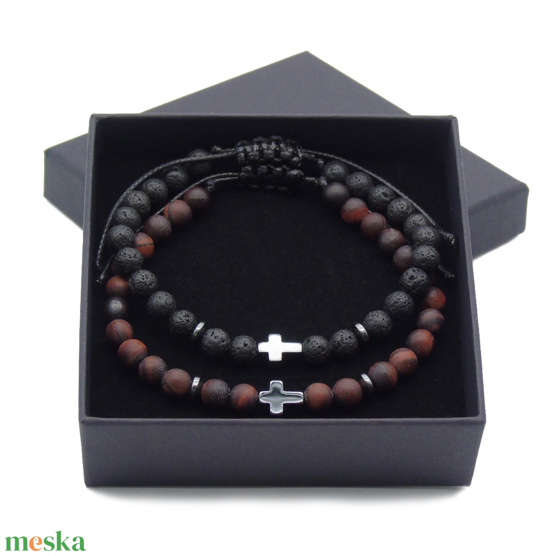 Díszdobozos férfi karkötő szett - macskaszem és lávakő férfi karkötő pár - ékszer - karkötő - gyöngyös karkötő - Meska.hu