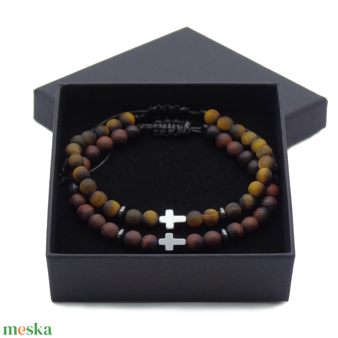 Díszdobozos férfi karkötő szett - matt macskaszem és tigrisszem férfi karkötő pár - ékszer - karkötő - gyöngyös karkötő - Meska.hu