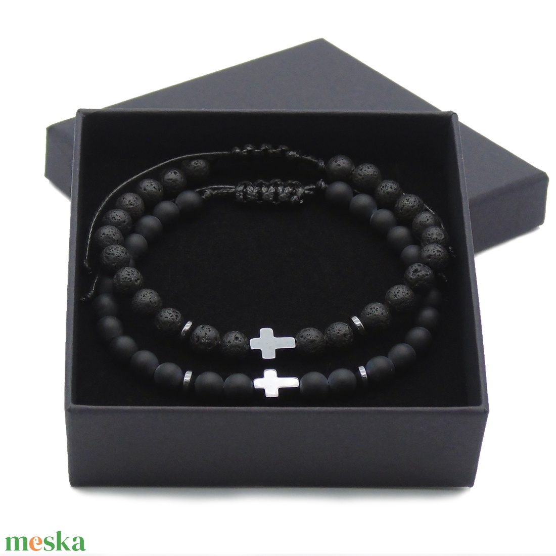 Díszdobozos férfi karkötő szett - matt ónix és lávakő férfi karkötő pár - ékszer - karkötő - gyöngyös karkötő - Meska.hu