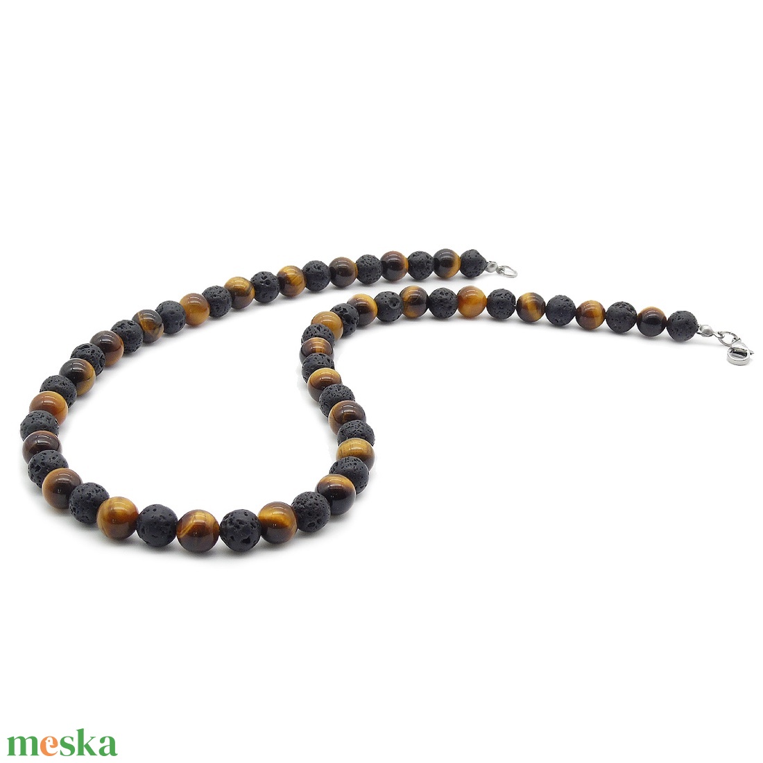 Tigrisszem és lávakő férfi nyaklánc - ékszer - nyaklánc - gyöngyös nyaklánc - Meska.hu