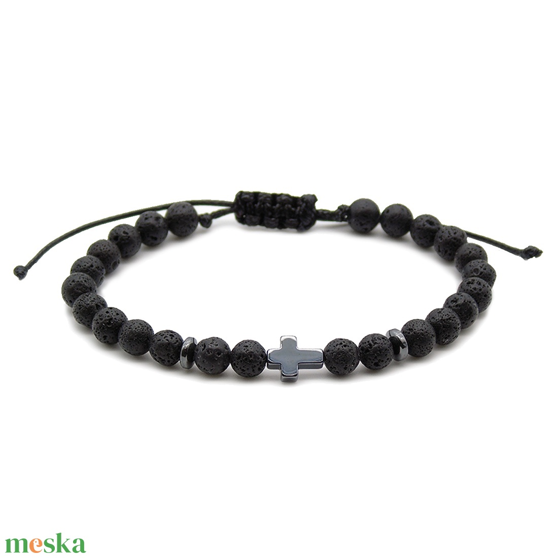 Kereszt medálos lávakő férfi karkötő - ékszer - karkötő - gyöngyös karkötő - Meska.hu