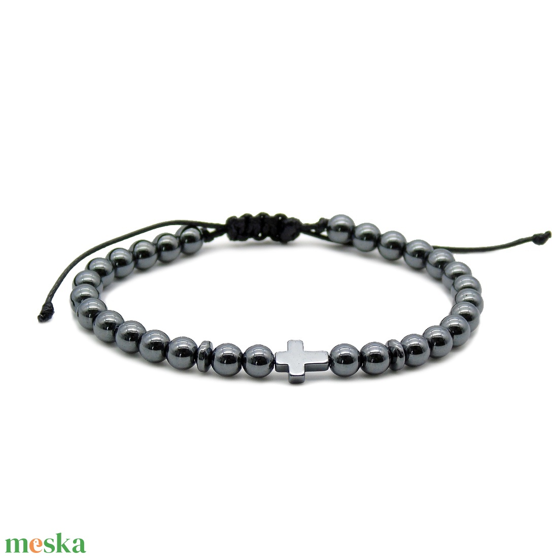 Kereszt medálos fényes hematit férfi karkötő - ékszer - karkötő - gyöngyös karkötő - Meska.hu