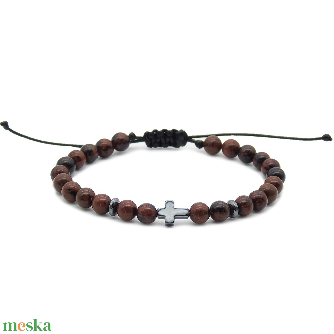 Kereszt medálos obszidián férfi karkötő - ékszer - karkötő - gyöngyös karkötő - Meska.hu