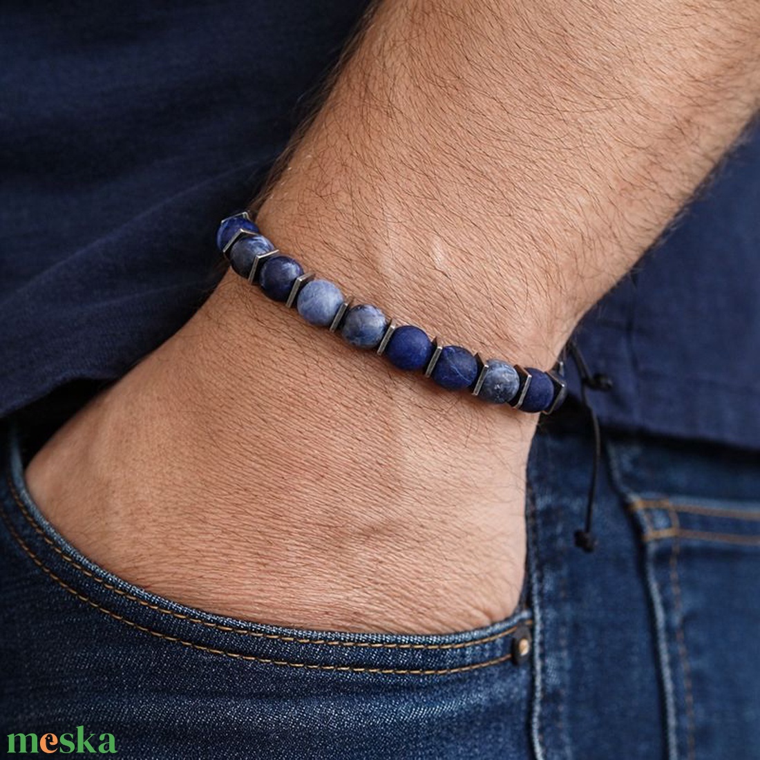 Egyedi férfi matt szodalit karkötő - állítható férfi karkötő - ékszer - karkötő - gyöngyös karkötő - Meska.hu