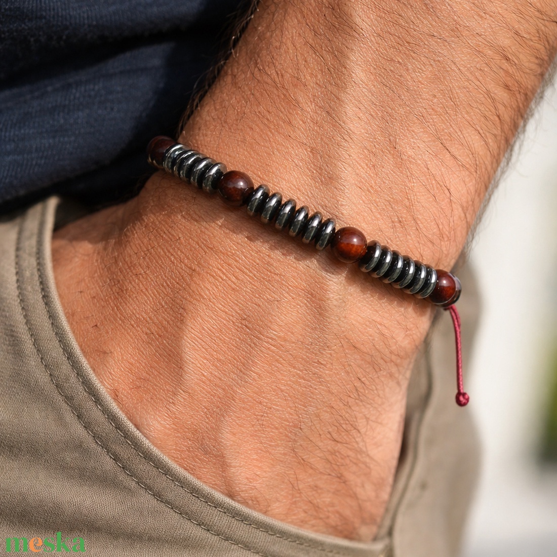Egyedi férfi hematit és macskaszem karkötő - ékszer - karkötő - gyöngyös karkötő - Meska.hu