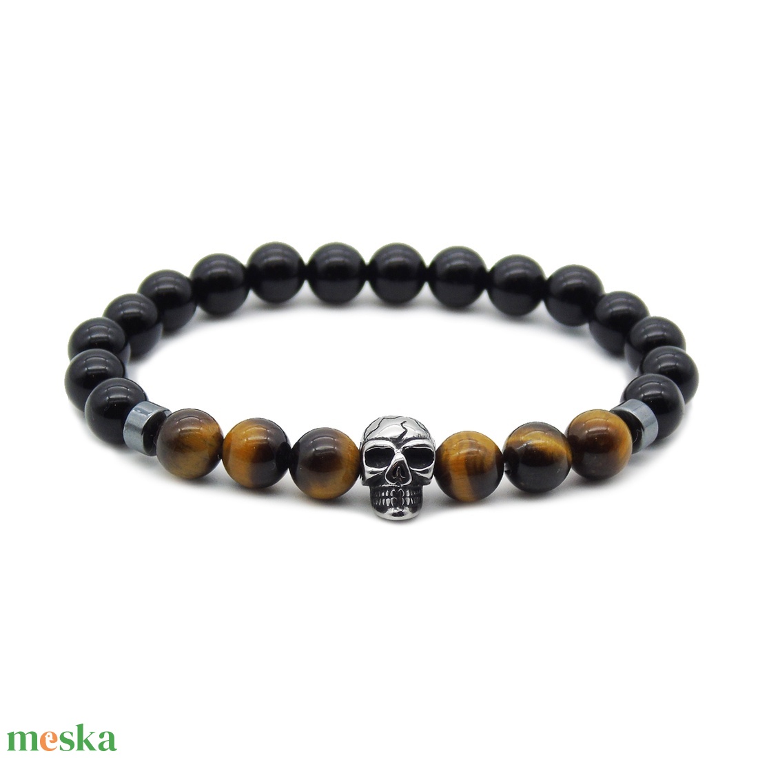 Koponyás tigrisszem és ónix férfi gyöngy karkötő - nemesacél koponya karkötő - ékszer - karkötő - gyöngyös karkötő - Meska.hu