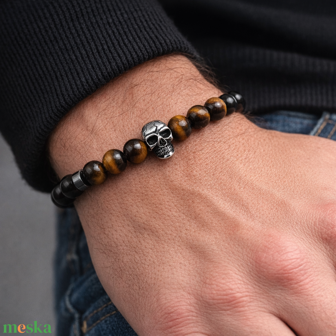 Koponyás tigrisszem és ónix férfi gyöngy karkötő - nemesacél koponya karkötő - ékszer - karkötő - gyöngyös karkötő - Meska.hu
