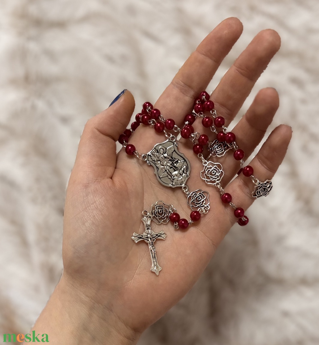 Kézműves Szent Mihály Arkangyal rózsafüzér - mélyvörös gyöngyökkel  - otthon & életmód - vallás - lánc & füzér - Meska.hu