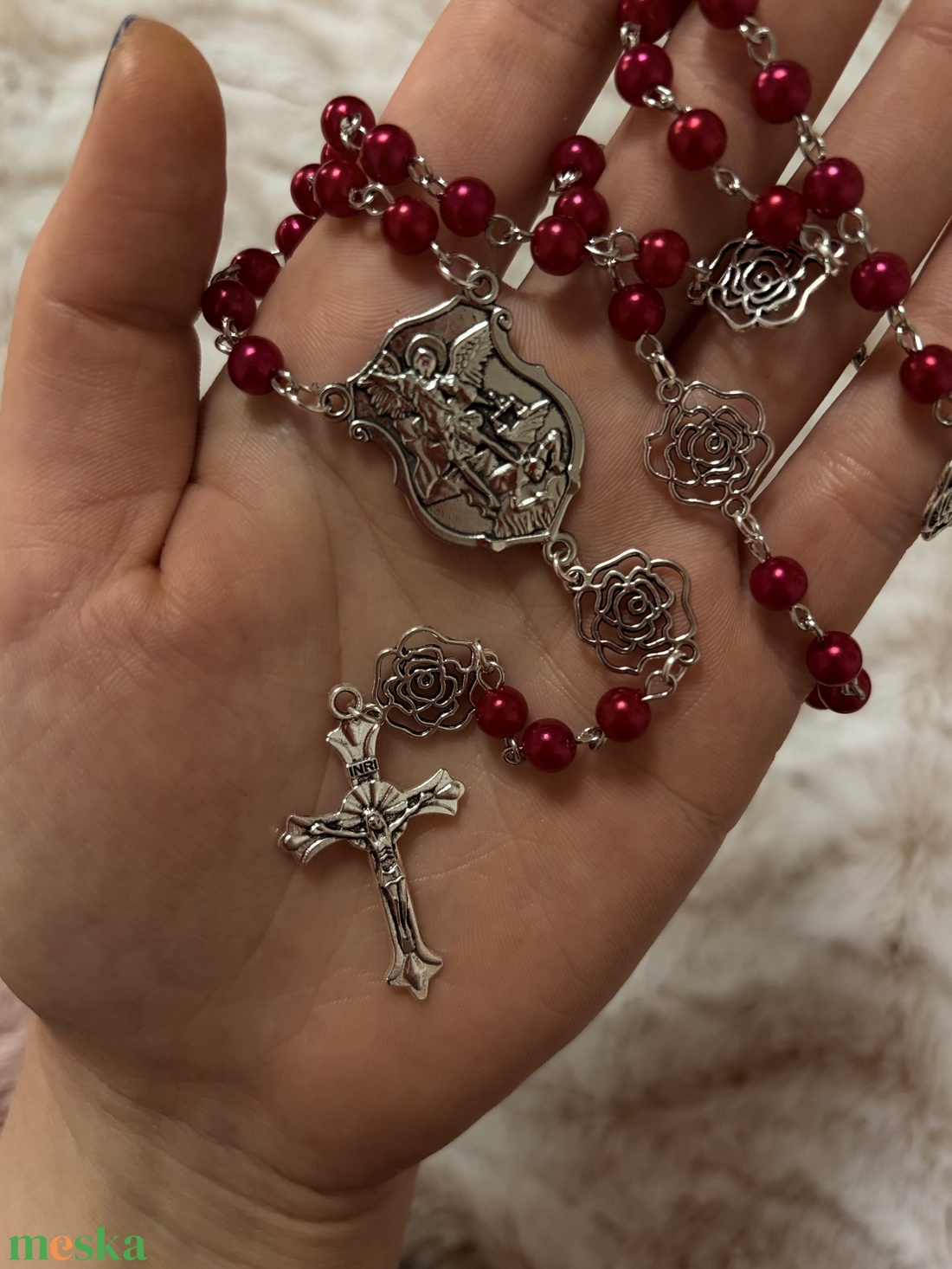 Kézműves Szent Mihály Arkangyal rózsafüzér - mélyvörös gyöngyökkel  - otthon & életmód - vallás - lánc & füzér - Meska.hu