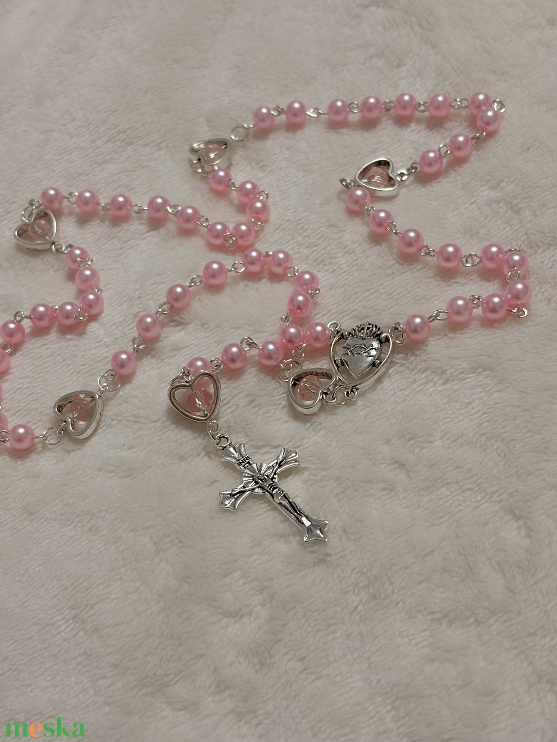 Kézműves rózsaszín rózsafüzér � Jézus Szíve éremmel - otthon & életmód - vallás - lánc & füzér - Meska.hu