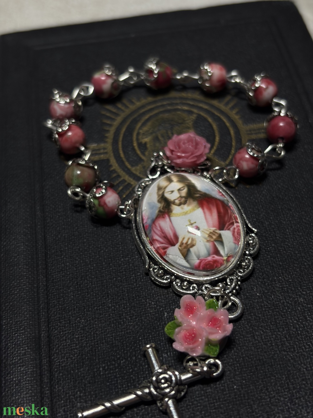 Jézus Szíve kézműves egytizedes, rhodonit ásvánnyal - otthon & életmód - vallás - lánc & füzér - Meska.hu