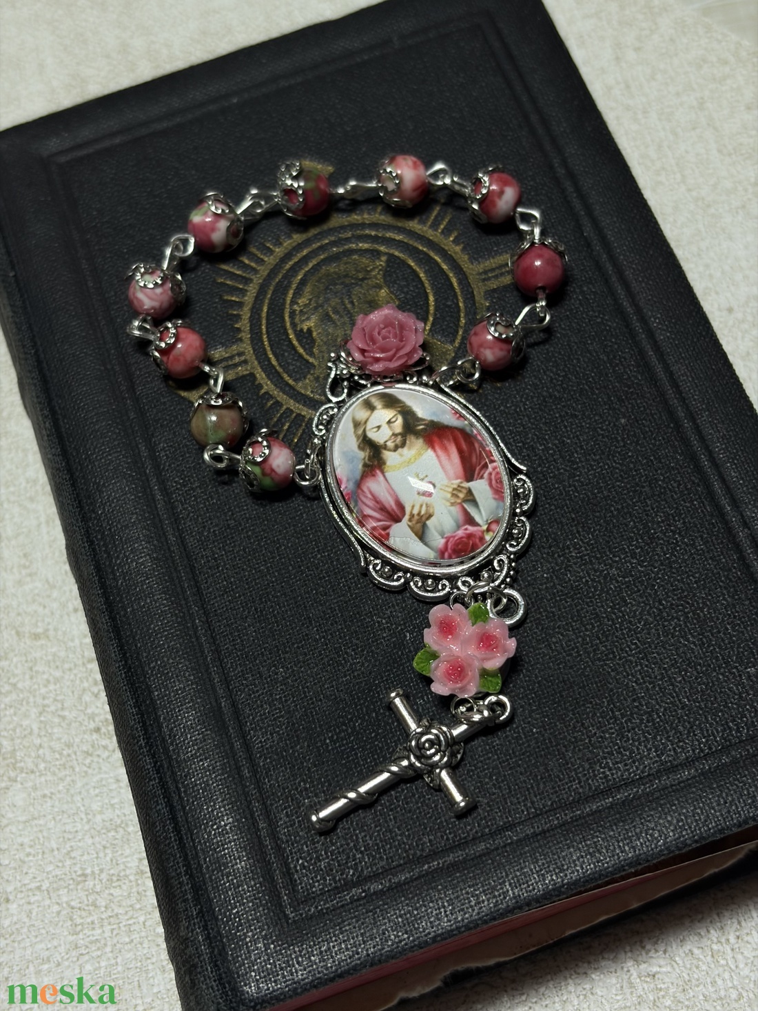 Jézus Szíve kézműves egytizedes, rhodonit ásvánnyal - otthon & életmód - vallás - lánc & füzér - Meska.hu
