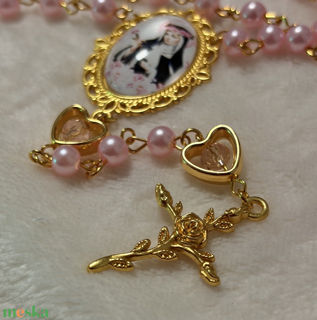 Szent Rita kézműves rózsafüzér, rózsaszín és arany színekkel   - otthon & életmód - vallás - lánc & füzér - Meska.hu