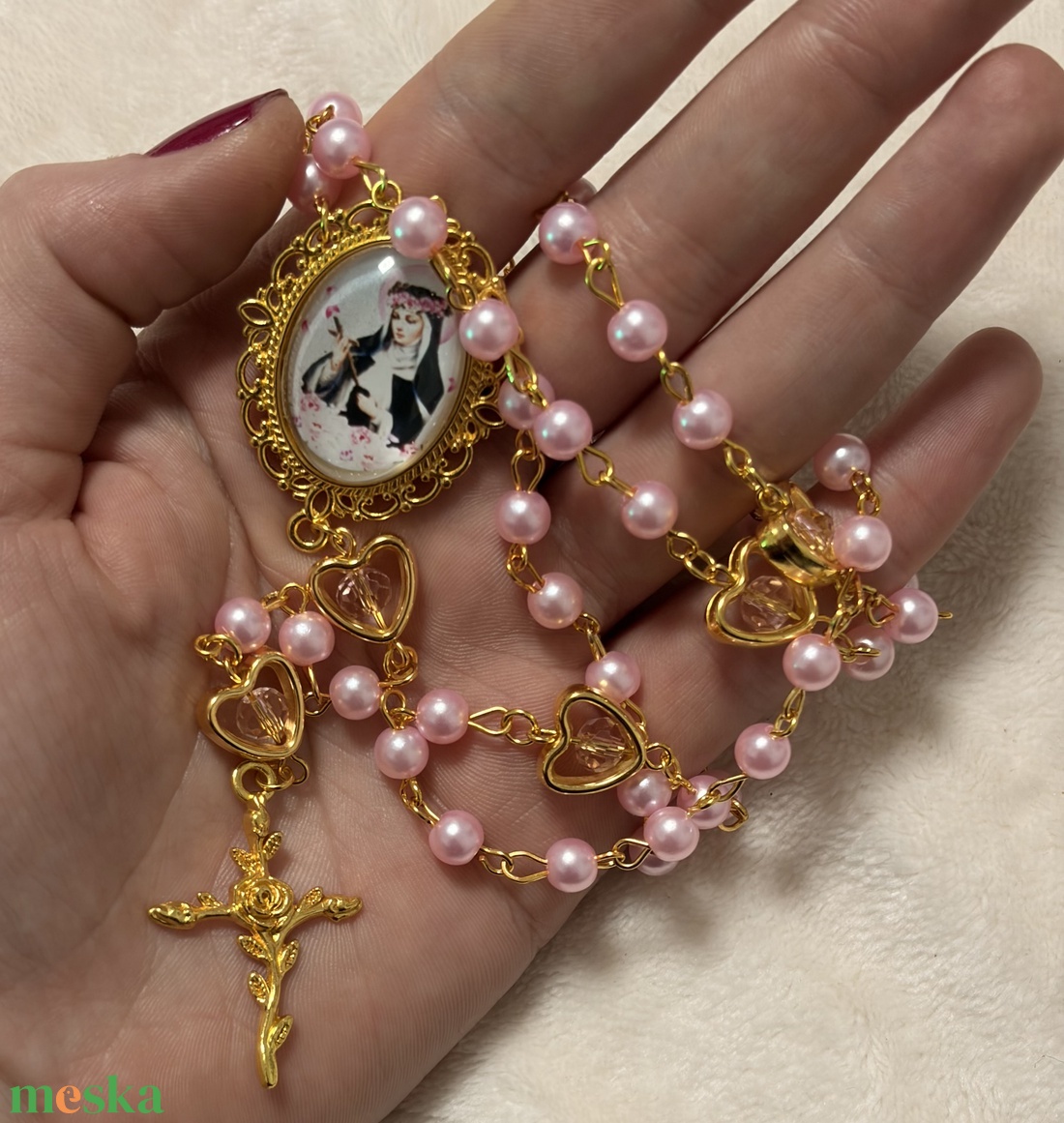 Szent Rita kézműves rózsafüzér, rózsaszín és arany színekkel   - otthon & életmód - vallás - lánc & füzér - Meska.hu