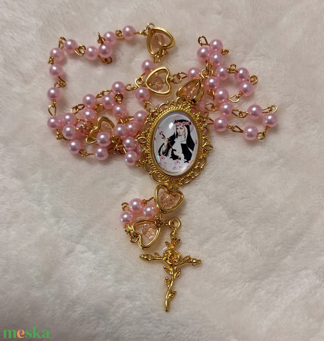 Szent Rita kézműves rózsafüzér, rózsaszín és arany színekkel   - otthon & életmód - vallás - lánc & füzér - Meska.hu