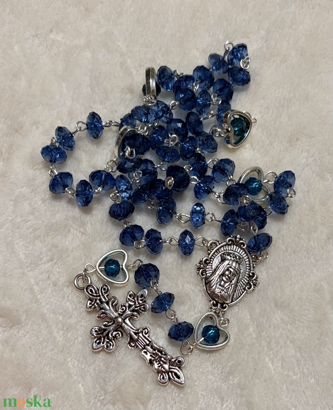 Kék színű kézműves rózsafüzér, Szűz Mária ábrázolásával  - otthon & életmód - vallás - lánc & füzér - Meska.hu