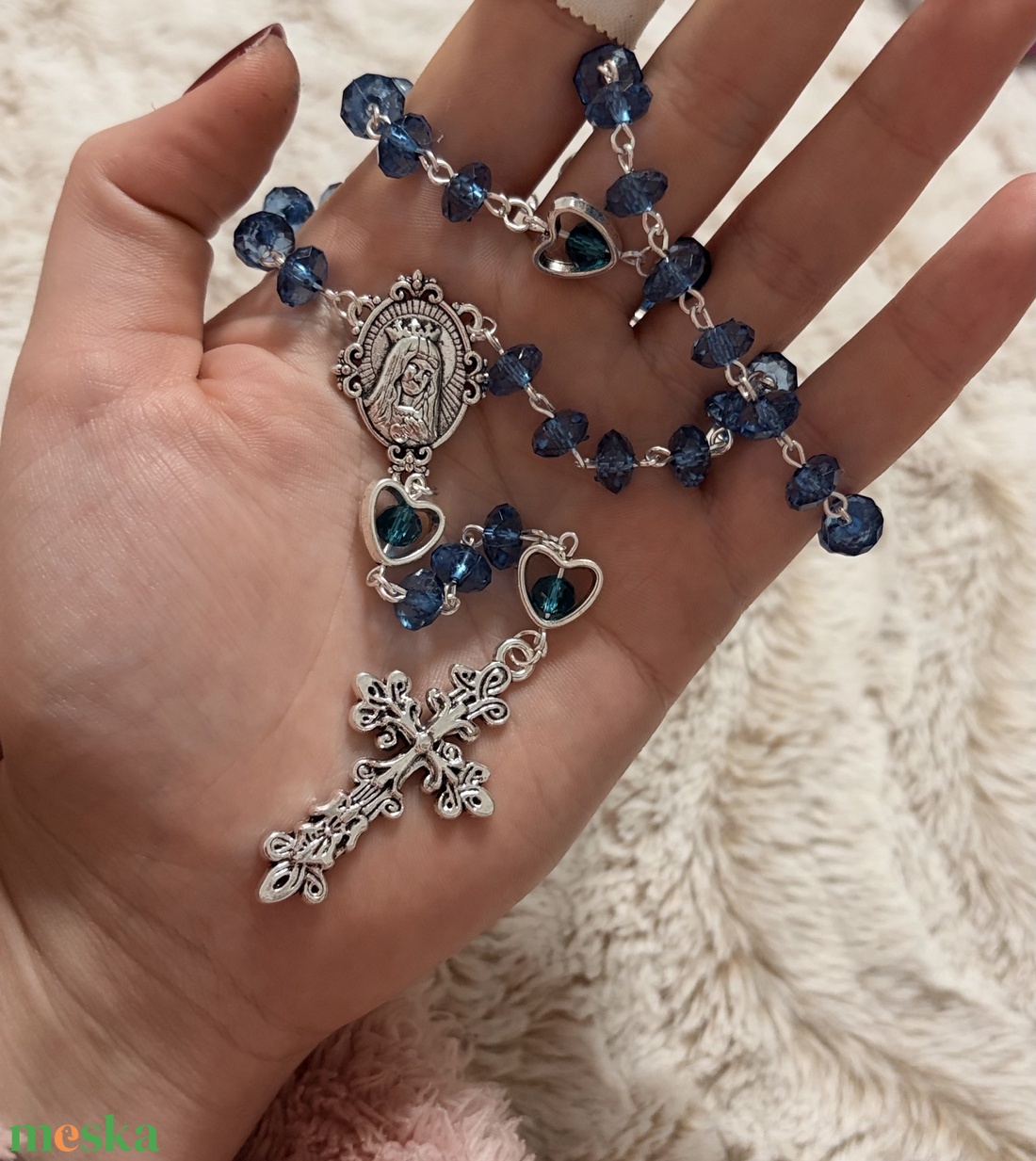 Kék színű kézműves rózsafüzér, Szűz Mária ábrázolásával  - otthon & életmód - vallás - lánc & füzér - Meska.hu