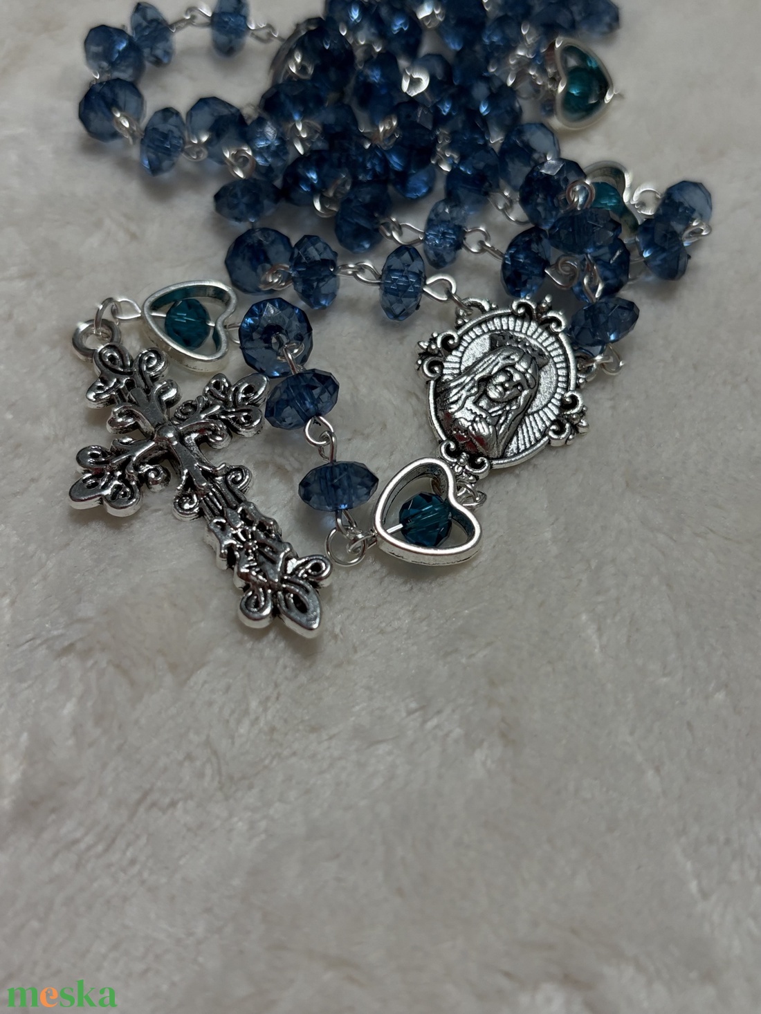 Kék színű kézműves rózsafüzér, Szűz Mária ábrázolásával  - otthon & életmód - vallás - lánc & füzér - Meska.hu