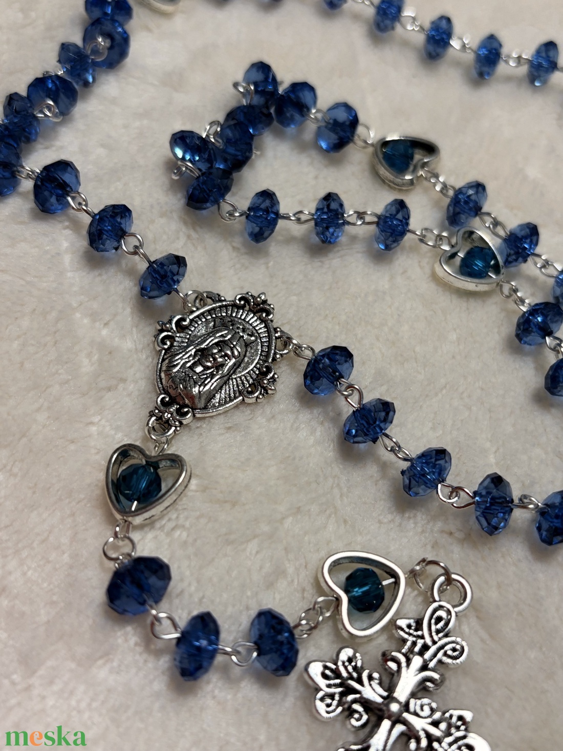 Kék színű kézműves rózsafüzér, Szűz Mária ábrázolásával  - otthon & életmód - vallás - lánc & füzér - Meska.hu