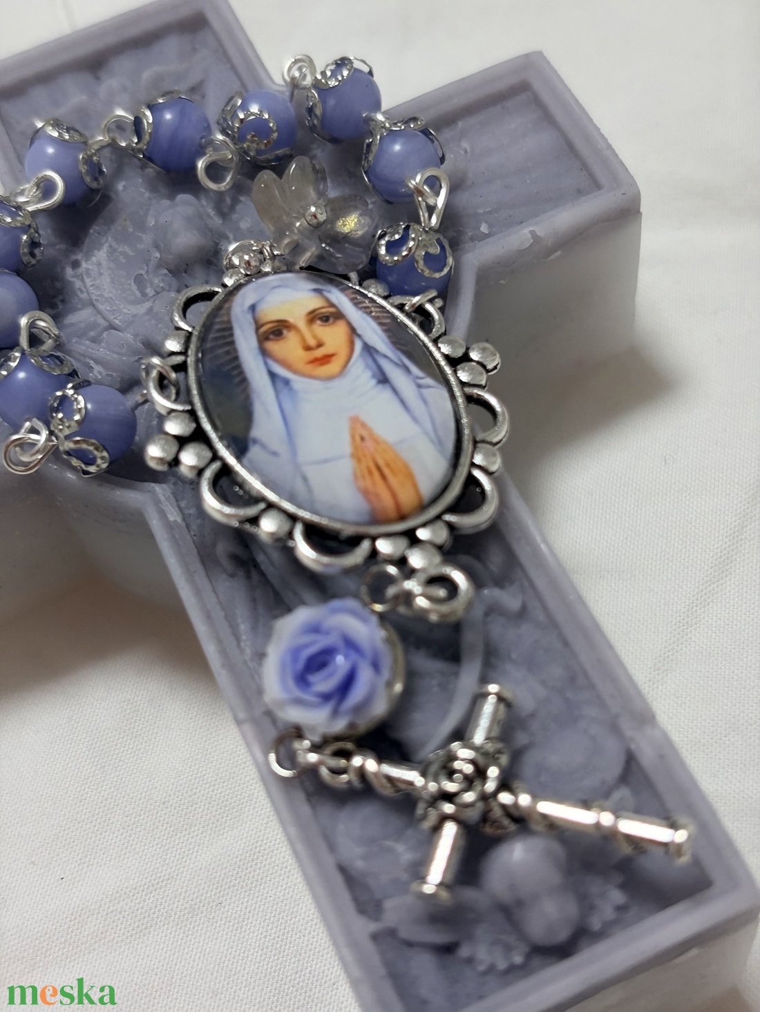 Árpád-házi Szent Margit egytizedes, kék achát ásvánnyal  - otthon & életmód - vallás - lánc & füzér - Meska.hu
