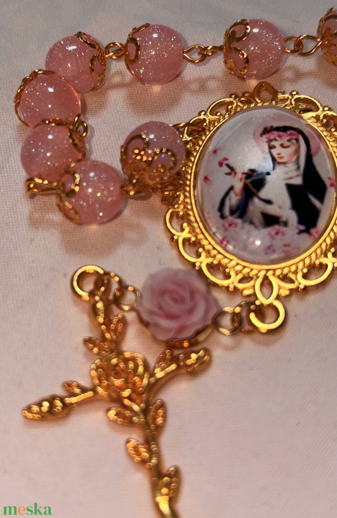 Szent Rita egytizedes, csillogó rózsaszín gyöngyökkel  - otthon & életmód - vallás - lánc & füzér - Meska.hu