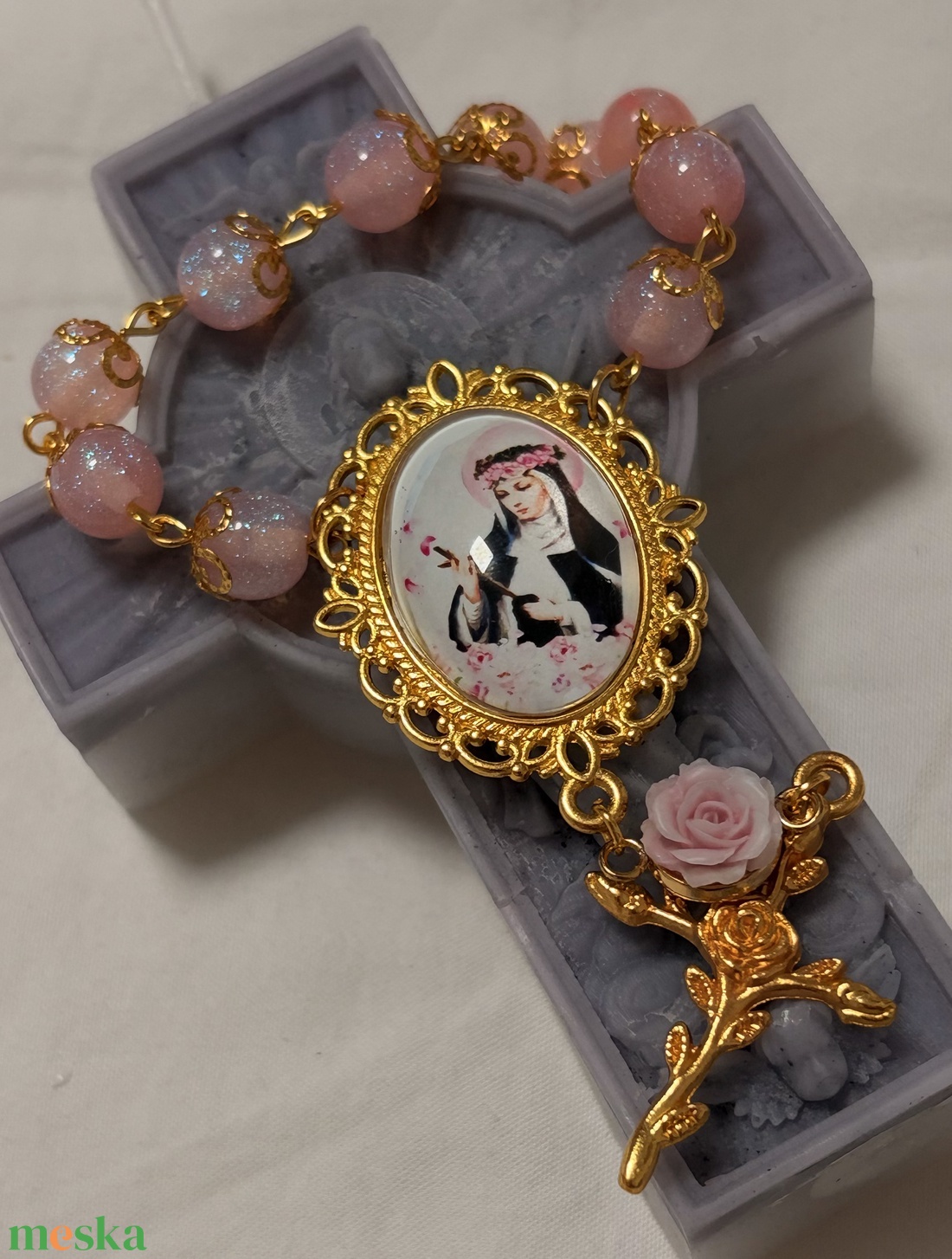 Szent Rita egytizedes, csillogó rózsaszín gyöngyökkel  - otthon & életmód - vallás - lánc & füzér - Meska.hu