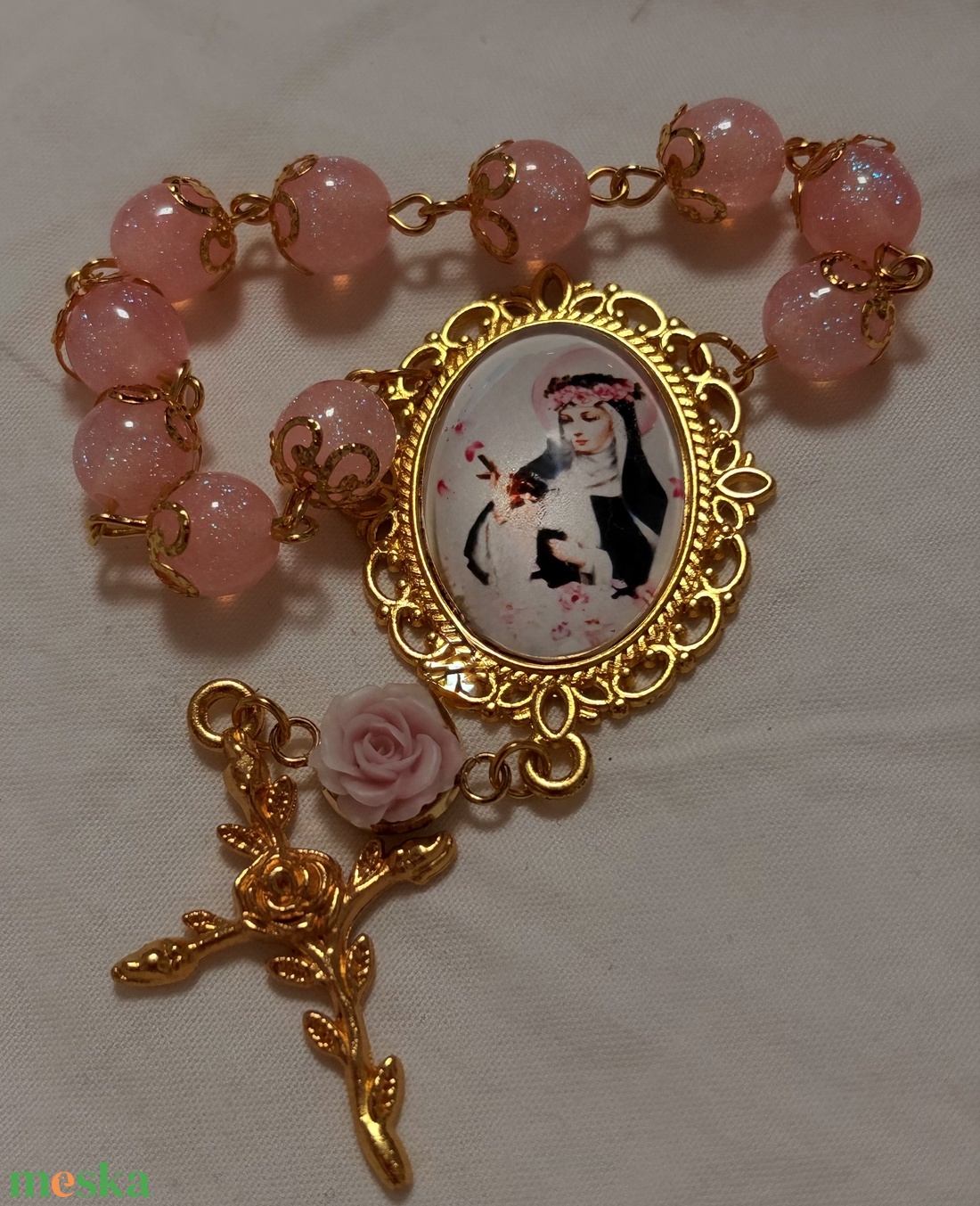 Szent Rita egytizedes, csillogó rózsaszín gyöngyökkel  - otthon & életmód - vallás - lánc & füzér - Meska.hu