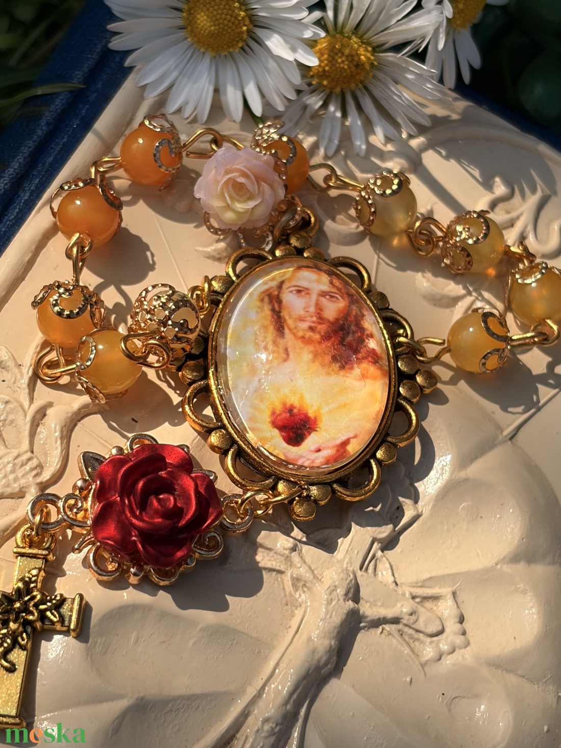 Jézus Szentséges Szíve, sárga achát ásvánnyal - otthon & életmód - vallás - lánc & füzér - Meska.hu