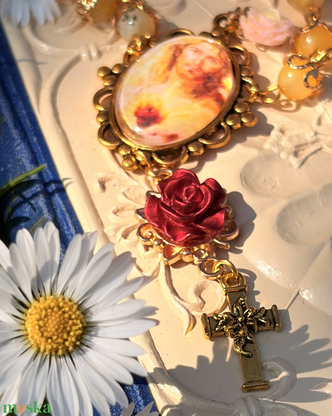 Jézus Szentséges Szíve, sárga achát ásvánnyal - otthon & életmód - vallás - lánc & füzér - Meska.hu