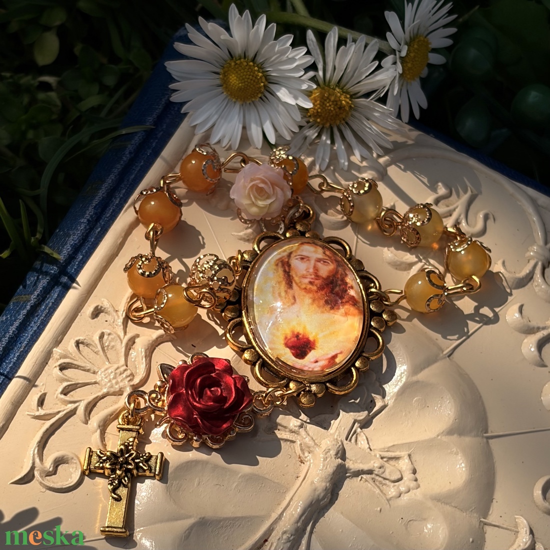 Jézus Szentséges Szíve, sárga achát ásvánnyal - otthon & életmód - vallás - lánc & füzér - Meska.hu