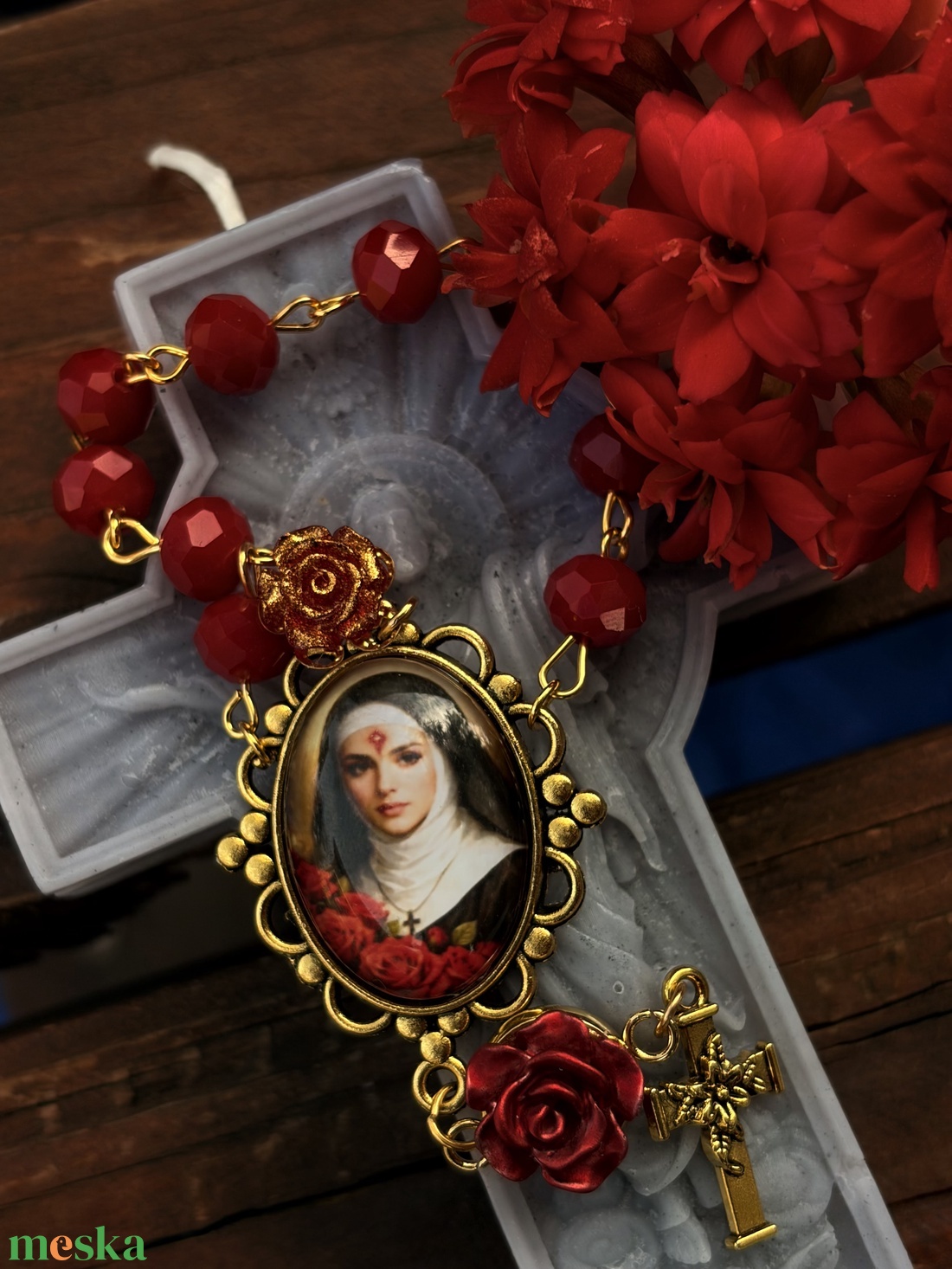 Szent Rita egytizedes rózsafüzér � Piros és arany kombinációval - otthon & életmód - vallás - lánc & füzér - Meska.hu