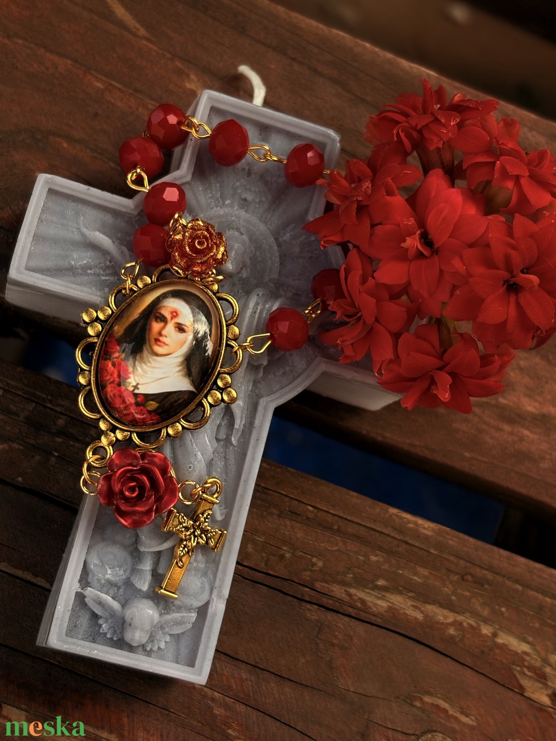 Szent Rita egytizedes rózsafüzér � Piros és arany kombinációval - otthon & életmód - vallás - lánc & füzér - Meska.hu