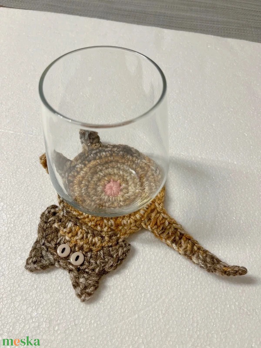 Horgolt cica poháralátét, egyedi darab. - otthon & életmód - konyhafelszerelés, tálalás - tálalás - tányér- és poháralátét - Meska.hu